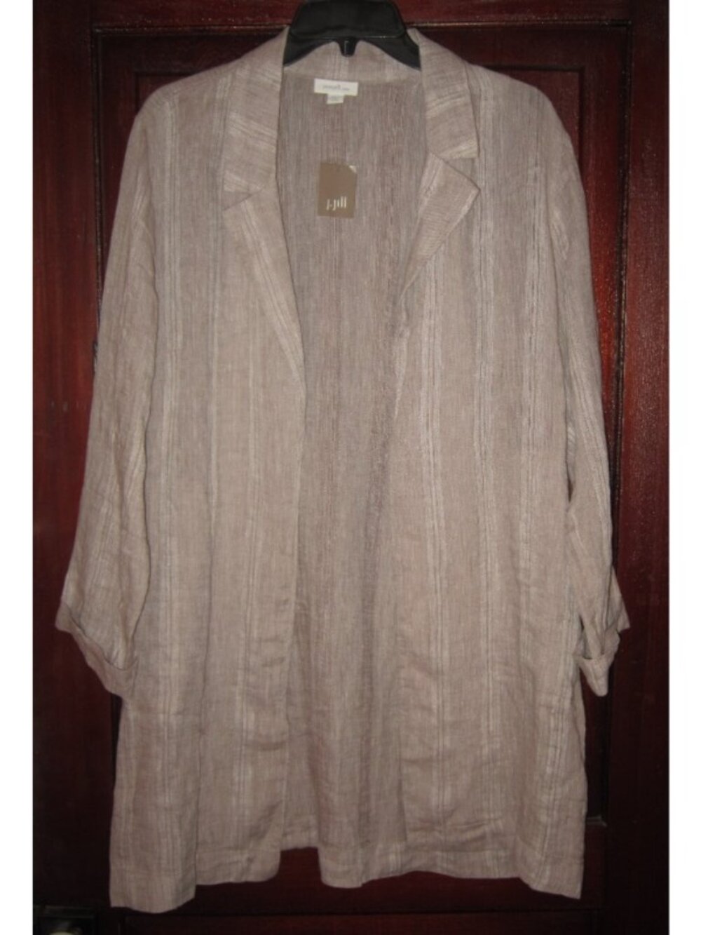 Pure J. Jill New M Petite Linen Stripe Duster Jacket Coat Open Pockets Driftwood